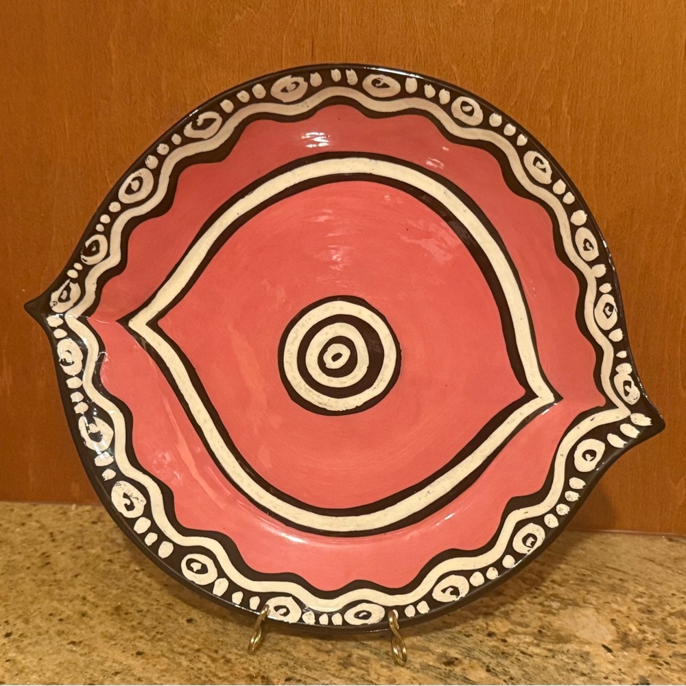 Folk Art Hand-Painted Ceramic Pink and Black Plate Dish 12”